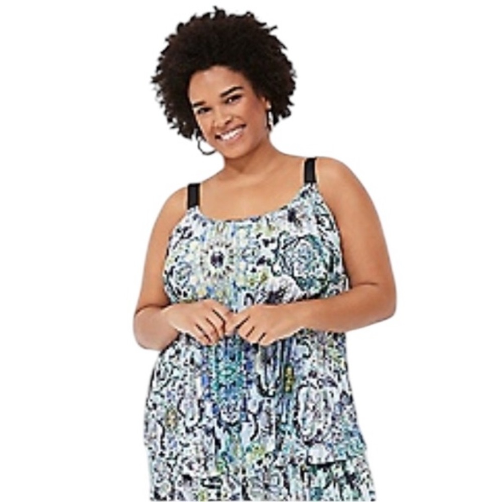 Lane Bryant 26 Pleated Shirt Top Paisley Satin Blue Green Black Adjustable